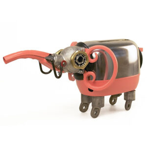 This elephant is made out of a vintage toaster, an oil spout, and iron gate parts.