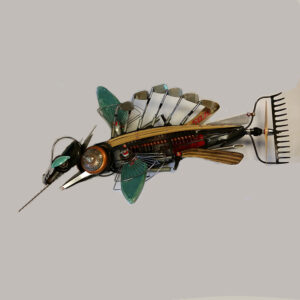 A flying fish constructed of golf clubs, wood, welded steel and ceramic fins