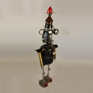 A robot made with an air tank, a coffee pot, boat propeller, and various machine parts.