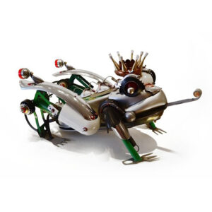 A frog constructed of a basting pan and bicycle parts with a crown made of door stops.